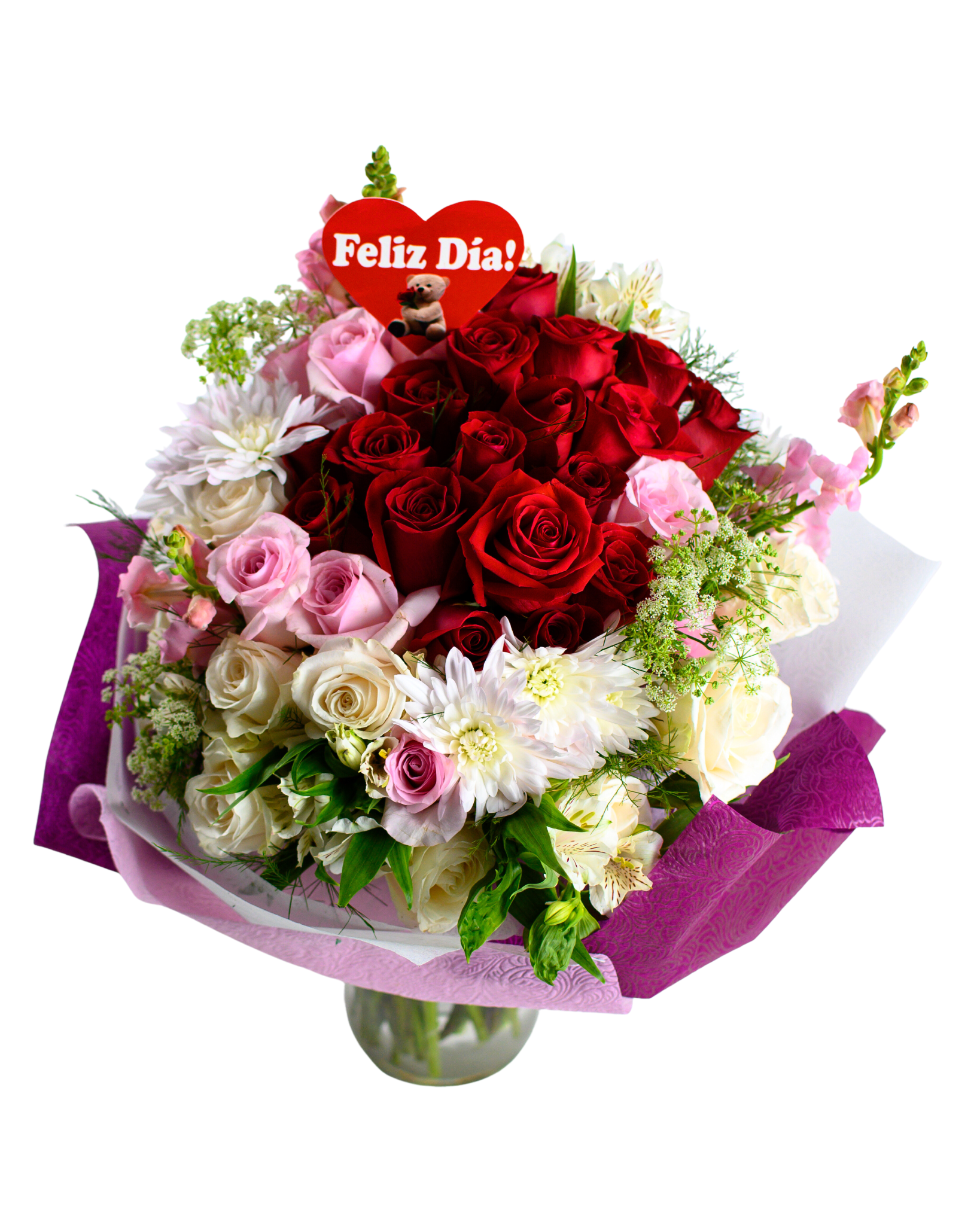 Imagen de Con vos Descripcion: Ramo de rosas blancas rojas y rosadas con astromelias 36 rosas papel tela 
